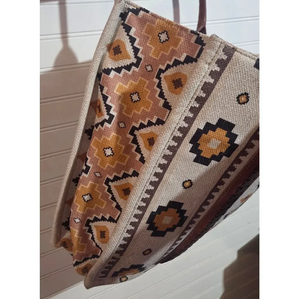 Wrangler Southwestern Aztec Canvas Tote Bag – Boho Shoulder Purse Handbag